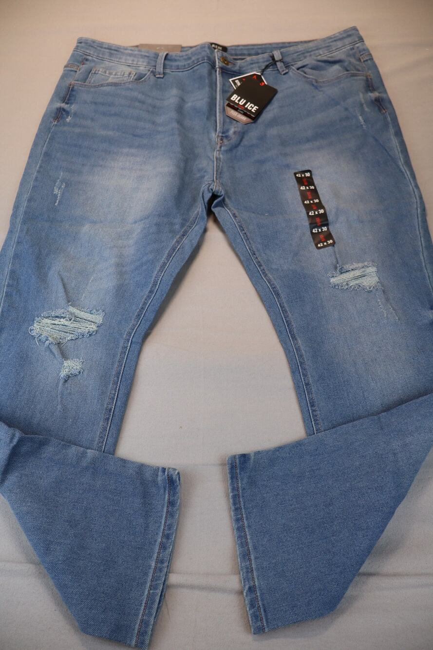 NEW Blu Ice Straight Leg Jeans Men's Blue Medium Wash Distressed Mid Rise 42x30